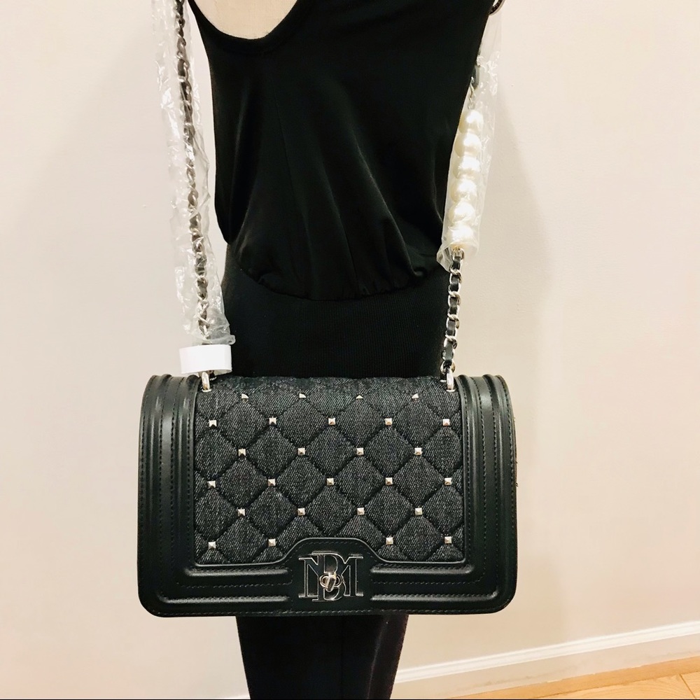 Badgley Mishka black denim, vegan leather adorned with square metal nails bag. - Picture 4 of 15